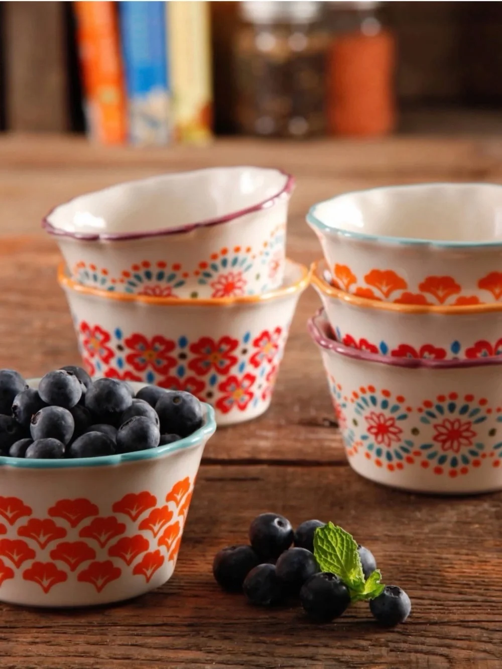 Colorful Floral Ceramic Ramekin Set - Orange & Turquoise Accents
